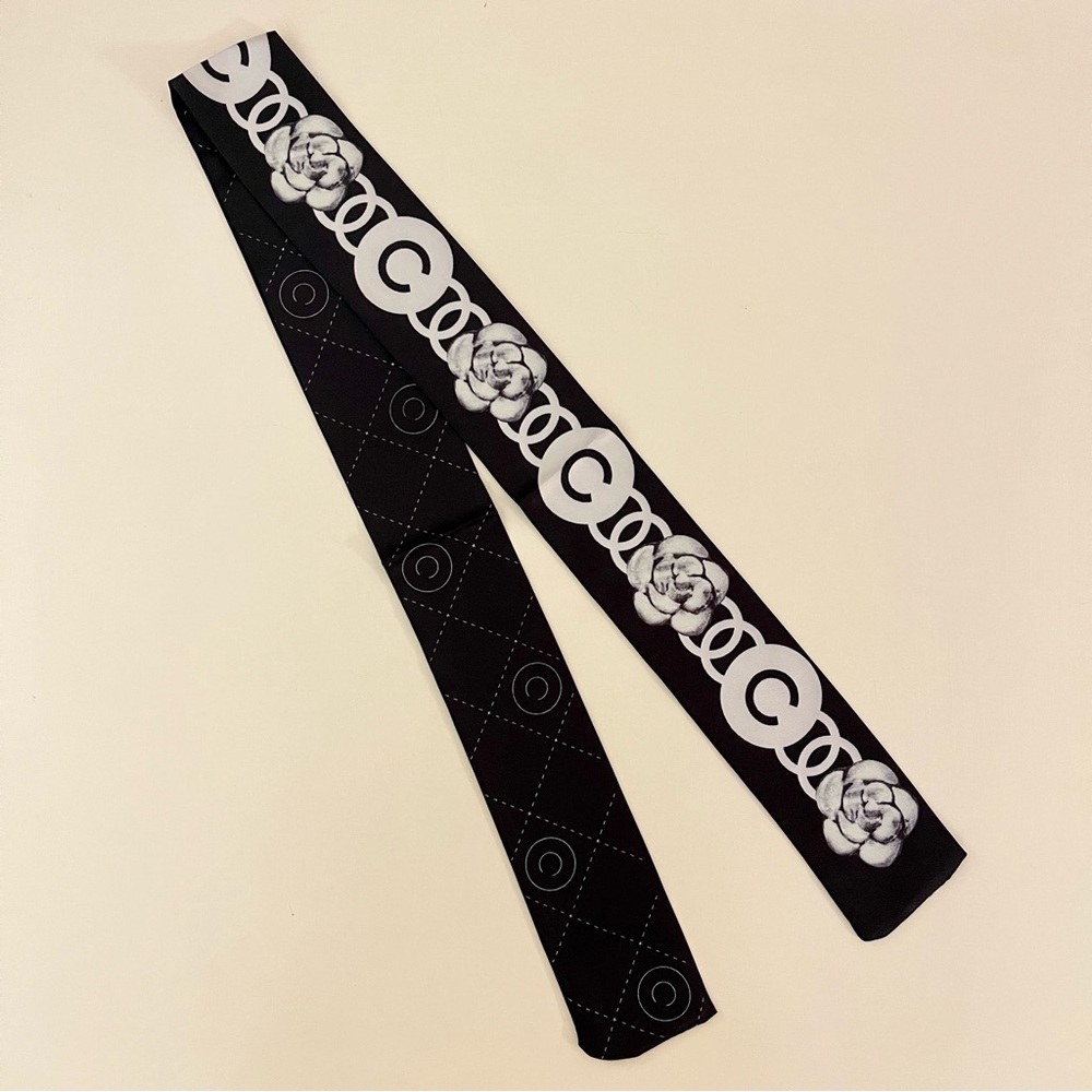Parisian Chic Floral & Quilted Silk Skinny Scarf (Twilly) - Picture 2 of 3